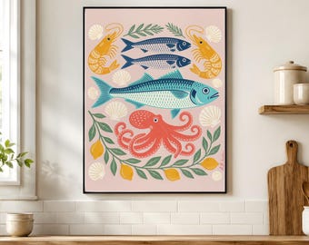 Mixed Seafood Market Printable, Mediterranean Coastal Kitchen Art