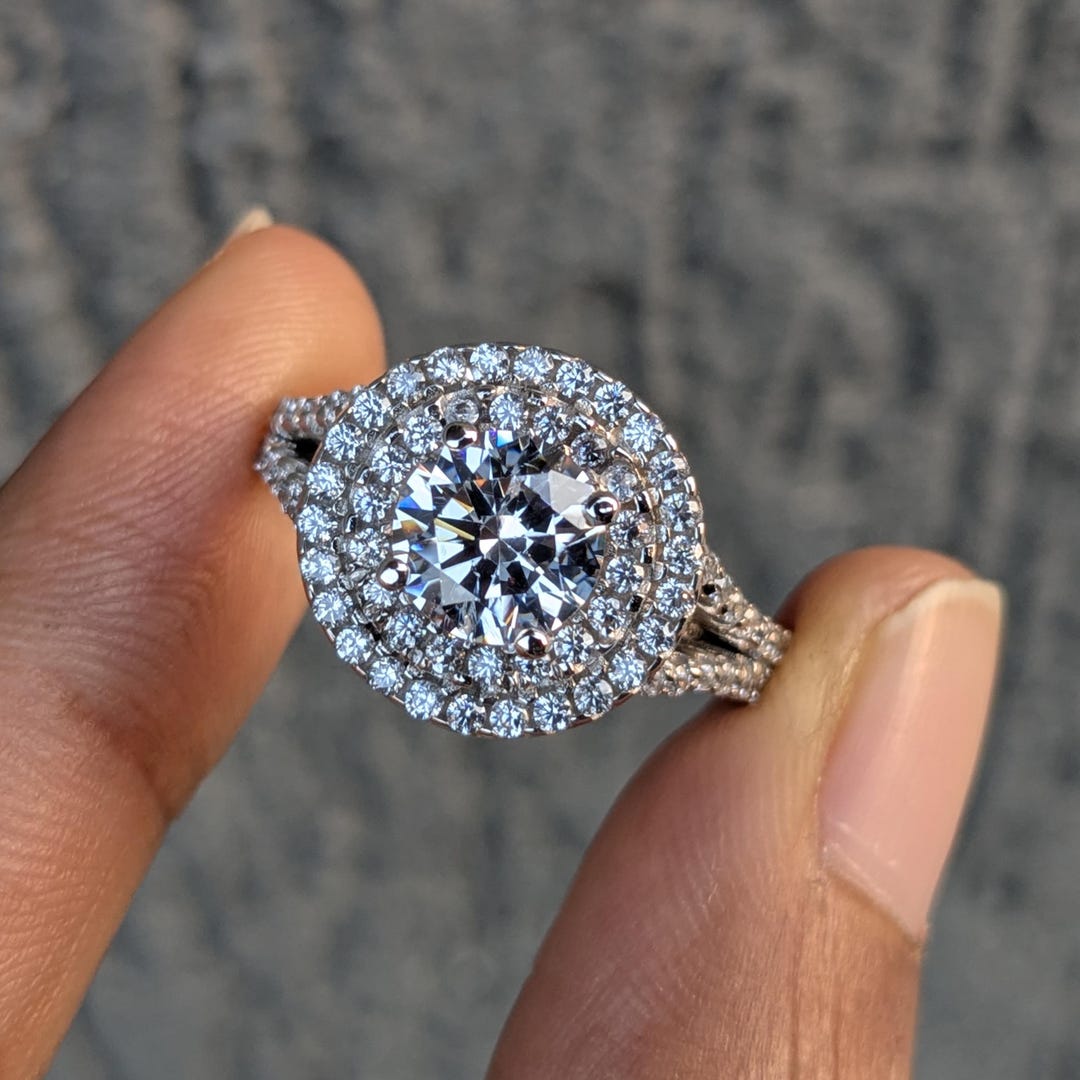 Double Halo Round Lab-grown Diamond Engagement Ring, Split Shank Pave ...