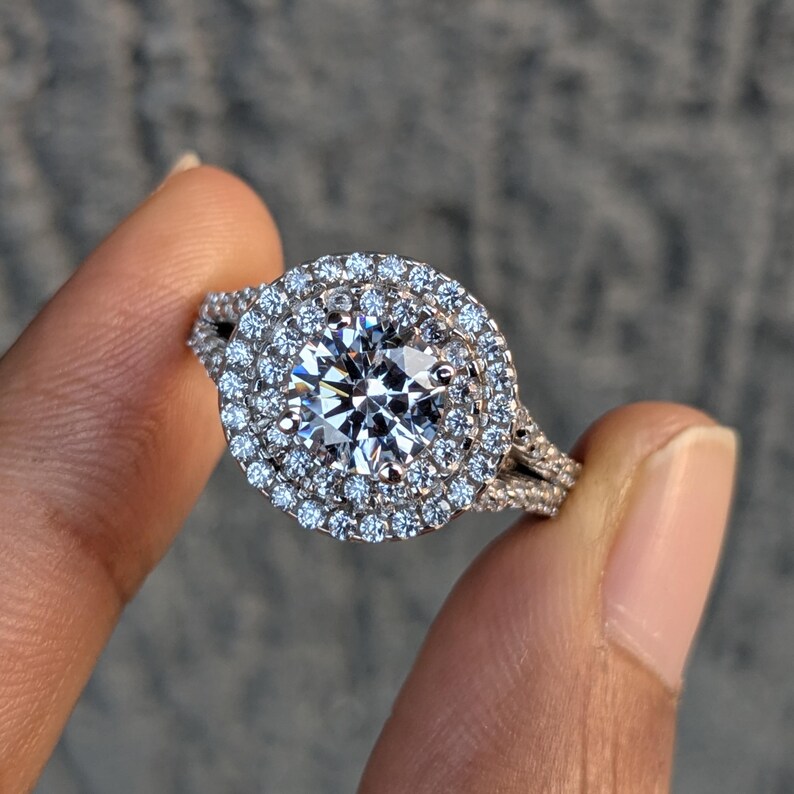 Double Halo Round Lab-grown Diamond Engagement Ring, Split Shank Pave ...