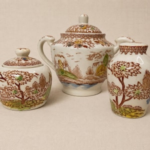 May include: A ceramic tea set consisting of a lidded sugar bowl, a lidded teapot with two handles, and a small jar. Each piece features a cream-colored base with a brown and green landscape pattern depicting trees, hills, and buildings.