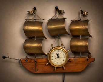 Vintage Brass Ship Wall Clock Mid Century Nautical Sailboat Wall Art Metal Coastal Decor Tested Working 21x15