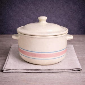 May include: Cream-colored ceramic pot with a lid, featuring a pink and blue stripe design. The pot has two small handles and sits on a folded gray linen napkin. The background is a dark, textured surface.