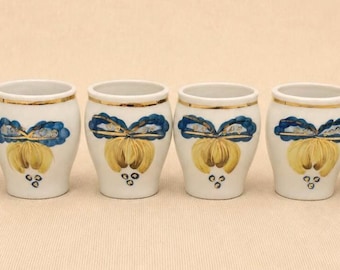 Vintage Hand Painted Stoneware Cups Set of 6 Folk Floral Espresso Tumblers Scandinavian Ceramic