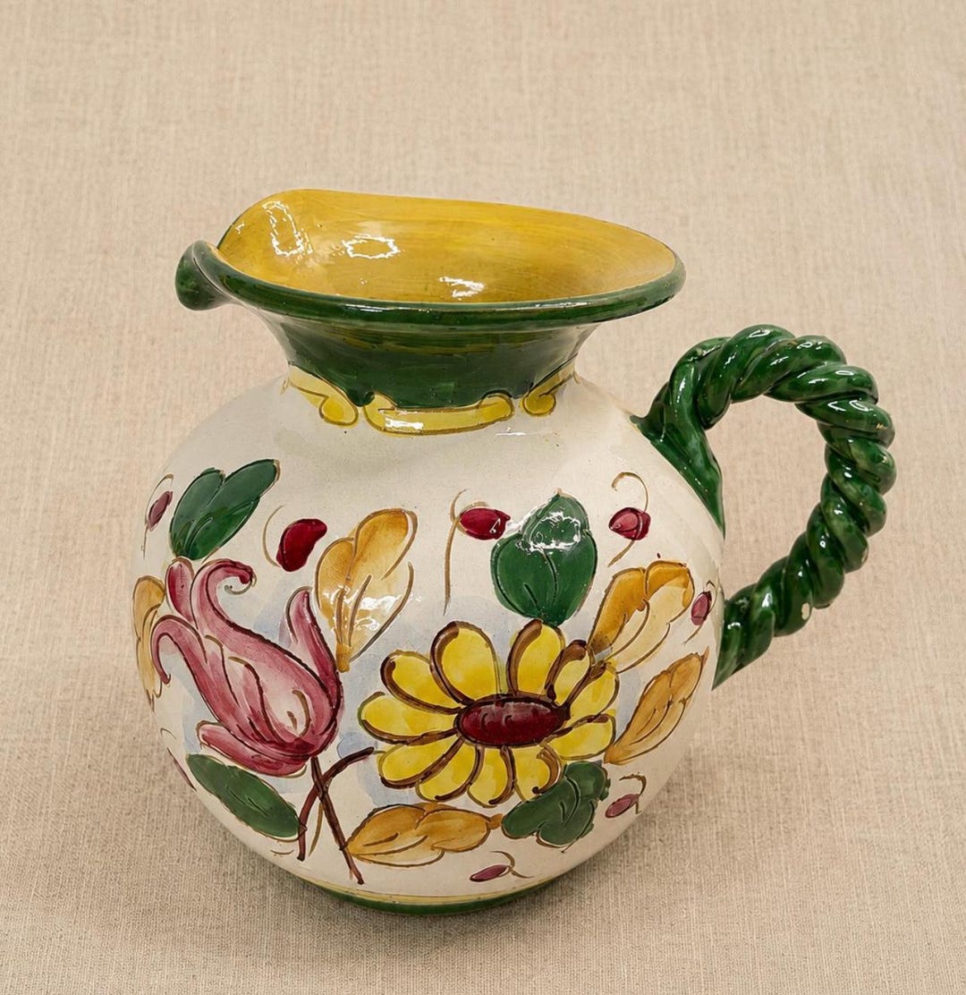 Vintage Italian Hand Painted Ceramic Pitcher Vase Floral Pottery - Etsy