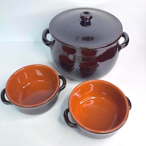 Vintage italiensk Piral Albisola glaserad terrakotta bönkruka med 2 lerkrukor från 1960-talet