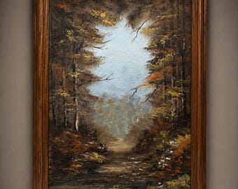 Vintage Signed Oil Painting Forest Landscape Original Art Autumn Trees Moody Rustic Wall Decor Framed 15x11