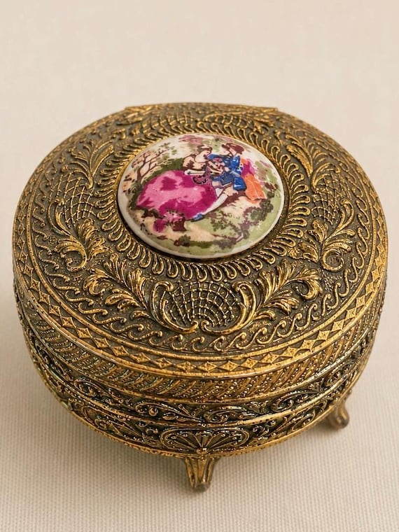 Vintage Farrington Japan Footed Trinket Box Brass Jewelry Casket Porcelain Lid