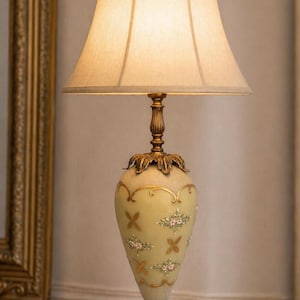 Vintage Hollywood Regency Floral Glass Table Lamp Ornate Brass Base Boudoir Lighting Hand Painted Mid Century Working No Shade