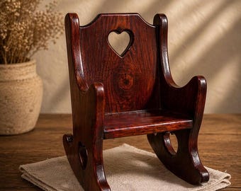 Vintage Mini Wooden Rocking Chair Primitive Doll Rocker Heart Cutout Farmhouse Shelf Decor