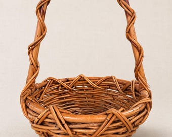 Vintage Wicker Basket Twisted Handle Gathering Basket Handwoven Rattan Market Basket Rustic Farmhouse Decor