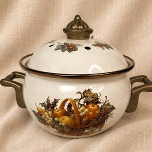 May include: White enamelware pot with a lid and brass-colored handles. The pot features a fruit basket design with apples, grapes, and pears. The lid has a brass knob and small air holes.
