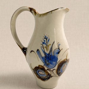 Vintage Studio Pottery Pitcher Blue Bird Ceramic Cream Jug Hand Painted Stoneware