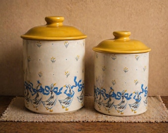 Vintage Goose Canister Set Blue White Ceramic Farmhouse Kitchen Jars Country Cottage Grannycore Storage Set of 2 Japan