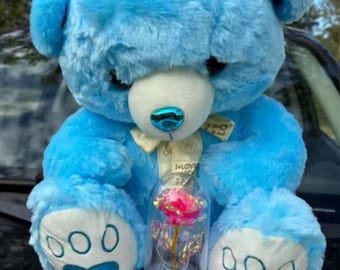 Orsetto di peluche blu con luce rosa – Simpatico orsetto di peluche da regalare – Morbido peluche Kawaii per compleanni 35 cm