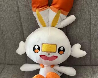 Coelhinho de Pelúcia Fofo Inspirado em Boneca | Coelho de Pelúcia Kawaii Branco e Laranja | Presente Colecionável Macio de Anime e Jogo 35 cm