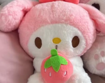 Pink Bunny Plush with Strawberry, Soft Pastel Kawaii Stuffed Animal Toy