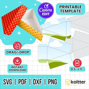 Könnte beinhalten: Eine druckbare Vorlage für eine Box mit einem rot-gelben Polka-Dot-Design. Das Bild enthält den Text "Canva EDIT", "Druckbare Vorlage", "Drag & Drop", "Sofort-Download" und Dateiformatoptionen: SVG, PDF, DXF und PNG. Die Vorlage hat die Größe 21,6 cm x 27,9 cm.