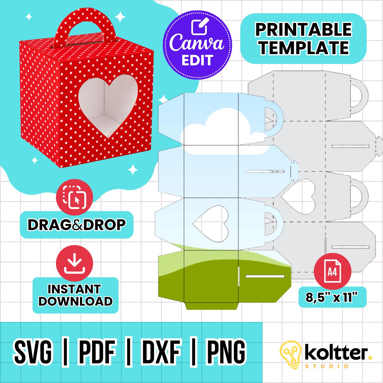 Handle Gift Box Layout Heart Handle Gift Box Template | Square Favor Packaging Cut File ...