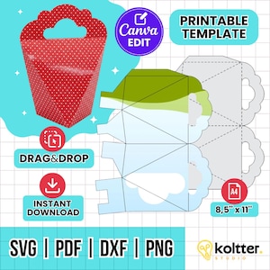 Puede incluir: Una caja de regalo roja con lunares blancos, un asa y una plantilla imprimible. La imagen incluye el texto "DRAG & DROP", "DESCARGA INSTANTÁNEA" y opciones de tipo de archivo: SVG, PDF, DXF y PNG. La plantilla mide 21,6 cm x 27,9 cm.
