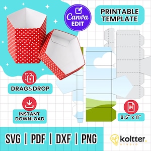 May include: Red and white polka dot gift box with a matching lid. The image also includes a printable template, with the text "Printable Template", "Drag & Drop", "Instant Download", and file type options: SVG, PDF, DXF, and PNG.