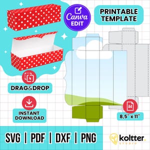 May include: Red gift box with white polka dots, shown open and closed. Includes a printable template with a landscape design, and the text "PRINTABLE TEMPLATE". Also includes the text "DRAG & DROP" and "INSTANT DOWNLOAD".