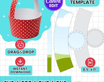 Paper Basket Template with Handle | Editable Canva Gift Box (svg, pdf, dxf, png)