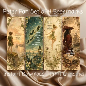 Puede incluir: Juego de cuatro marcapáginas con temática de Peter Pan. Cada marcapáginas presenta ilustraciones de personajes y citas de la historia. Incluye a Peter Pan, Campanilla, el Capitán Garfio y escenas de Nunca Jamás. El texto "Instant Download - Print at Home!" también es visible.