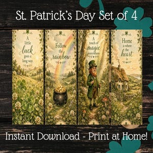 Pode incluir: Conjunto de 4 estampas do Dia de São Patrício com ilustrações caprichosas. Cada estampa apresenta um tema diferente: sorte, arco-íris, magia e casa. As estampas incluem texto como "A little luck goes a long way" e "Instant Download - Print at Home!"