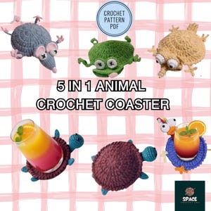 Paquete de patrones de crochet para portavasos con forma de animal: tortuga, ratón, gallo y ardilla (patrón en PDF)