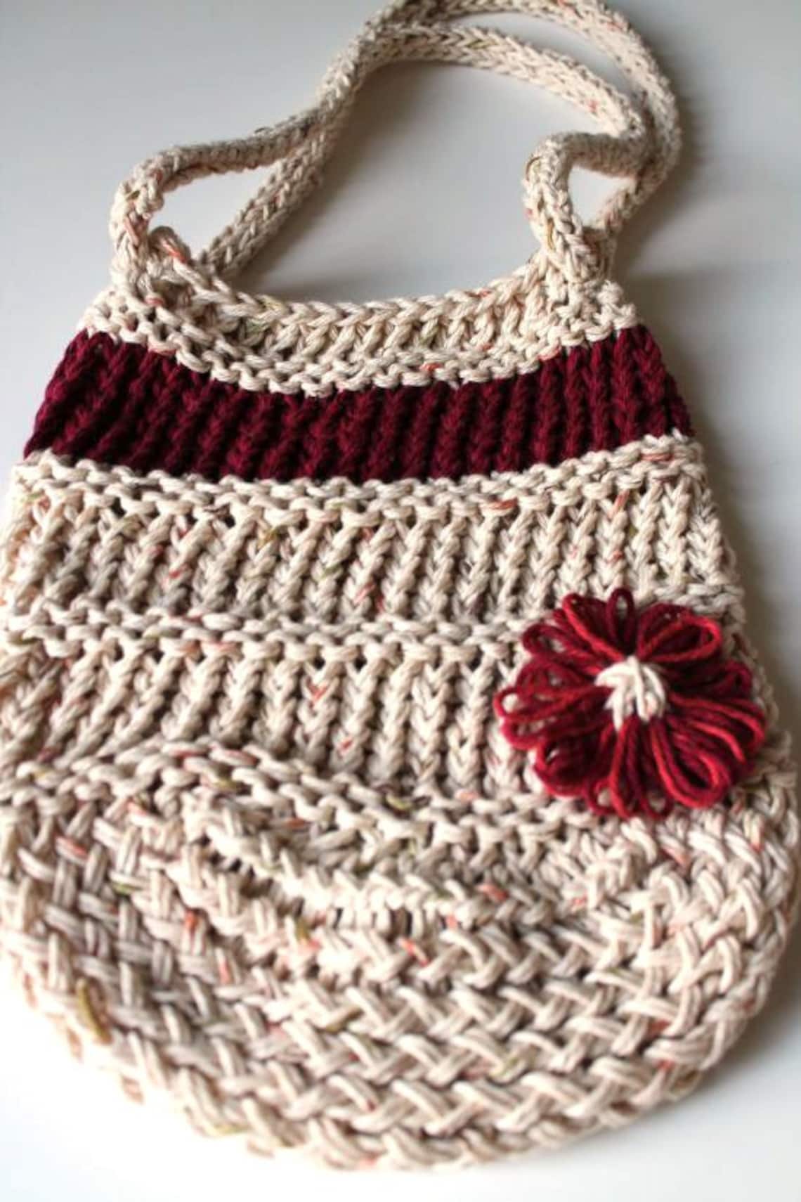 Loom Knit Bag Neutral/Burgundy Tote with Flower Etsy
