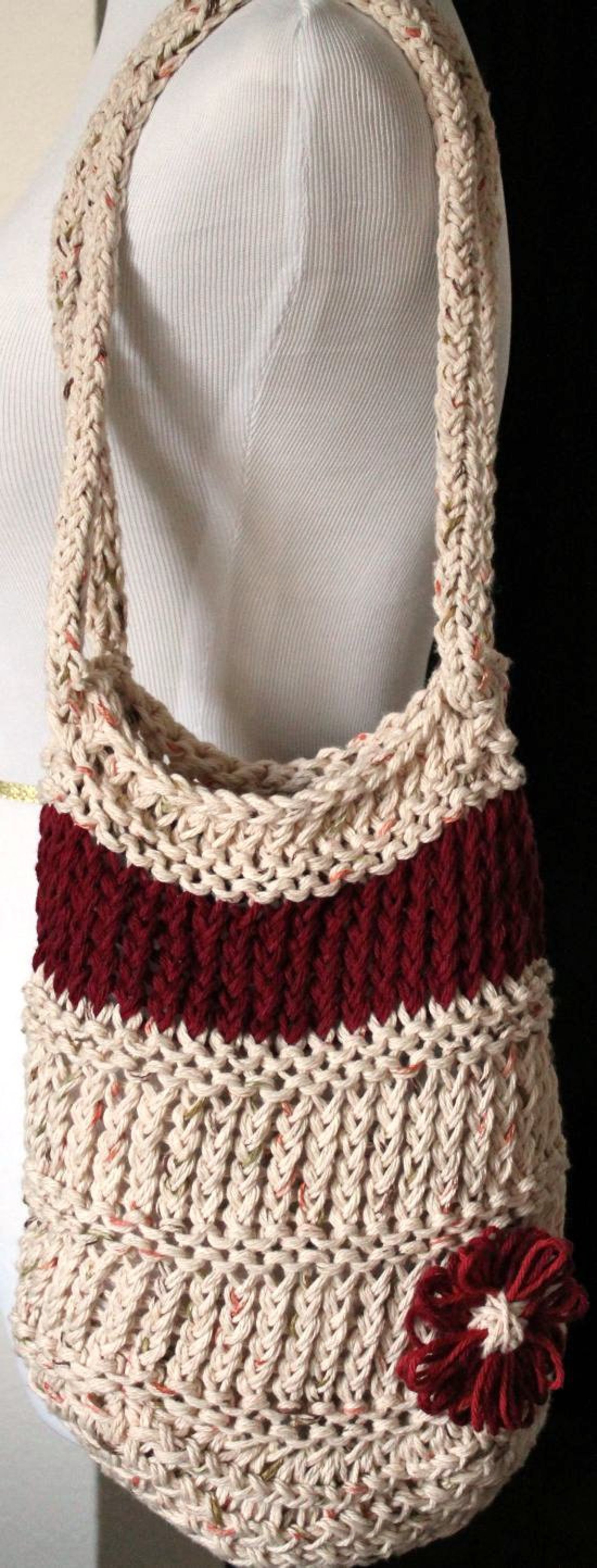 Loom Knit Bag Neutral/Burgundy Tote with Flower Etsy