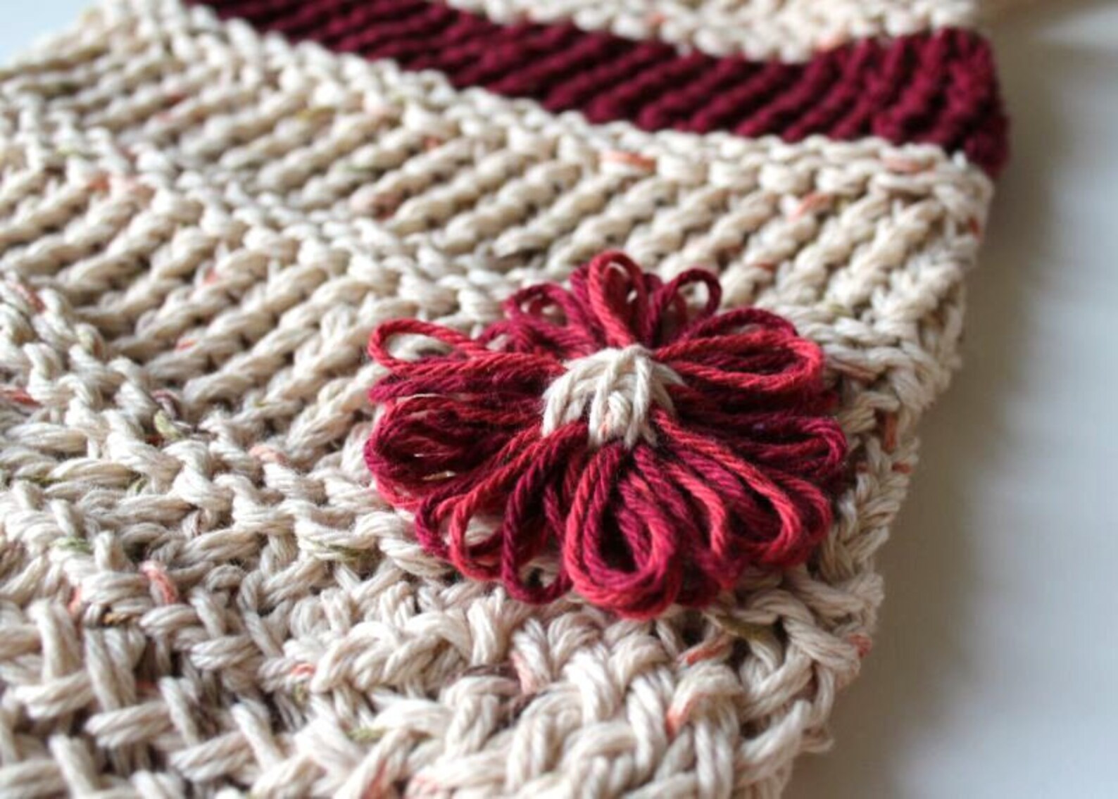 Loom Knit Bag Neutral/Burgundy Tote with Flower Etsy