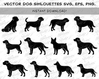 Conjunto de gráficos vectoriales de siluetas de perros: 12 ilustraciones diferentes en archivos EPS, SVG y PNG. Imágenes prediseñadas vectoriales. Descarga instantánea.