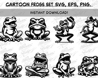 Zestaw grafik wektorowych z kreskówkową żabą – 8 różnych ilustracji z kreskówkową żabą – formaty EPS, SVG i PNG – natychmiastowe pobranie