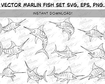 Conjunto de gráficos vectoriales de pez lanza marlín: 11 ilustraciones diferentes en archivos EPS, SVG y PNG. Imágenes prediseñadas vectoriales. Descarga instantánea.