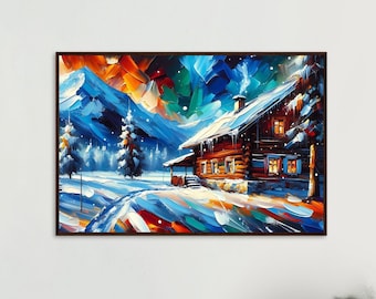 Abstrakcyjny zimowy krajobraz z górską chatą na plakacie wykonanym na papierze półmatowym w drewnianej ramie - gotowy do powieszenia
