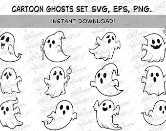 Zestaw grafik wektorowych z duchami z kreskówek – 12 różnych ilustracji z duchami z kreskówek – formaty EPS, SVG i PNG – natychmiastowe pobranie