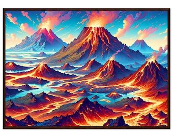 Ilustracja przedstawiająca krajobraz wulkaniczny na plakacie wykonanym na papierze półmatowym w drewnianej ramie - gotowy do powieszenia