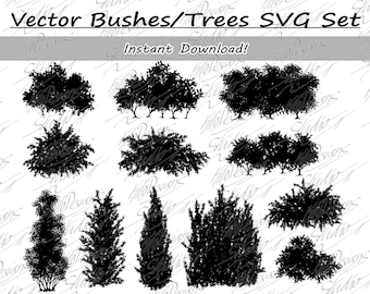 Krzewy wektorowe, drzewa, maski wektorowe – jako pliki SVG i PNG, do użytku komercyjnego. np. jako zestaw tła.