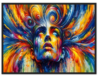 Abstrakcyjna, psychodeliczna ilustracja przedstawiająca twarz na klasycznym plakacie wykonanym na półmatowym papierze w drewnianej ramie - gotowym do powieszenia.
