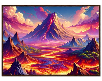 Ilustracja przedstawiająca krajobraz wulkaniczny na plakacie wykonanym na papierze półmatowym w drewnianej ramie - gotowy do powieszenia