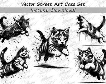 ストリートアート猫 - 猫のシルエットベクターグラフィック、子猫のイラスト、グラフィティ猫クリップアート - SVG & PNG - 即時ダウンロード