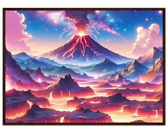 Grafika przedstawiająca krajobraz wulkaniczny na plakacie wykonanym na papierze półmatowym w drewnianej ramie - gotowa do powieszenia