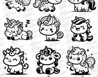 Zestaw grafik wektorowych z kreskówkowym jednorożcem – 12 uroczych ilustracji jednorożca w stylu komiksowym – EPS, SVG, PNG – Clipart wektorowy – Natychmiastowe pobranie