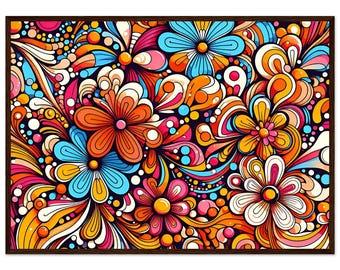 Abstrakcyjna, psychodeliczna ilustracja kwiatowa na plakacie wykonanym na papierze półmatowym w drewnianej ramie - gotowym do powieszenia.