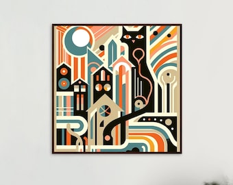 Abstrakcyjny pejzaż miejski z kotem - plakat wykonany na papierze półmatowym w drewnianej ramie - gotowy do powieszenia