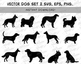 Zestaw grafik wektorowych z sylwetkami psów 2 – 12 różnych ilustracji w plikach EPS, SVG i PNG – Clipart wektorowy – Natychmiastowe pobranie