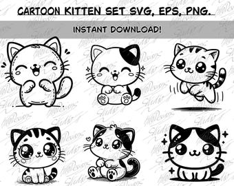Conjunto de gráficos vectoriales de gatos de dibujos animados: 6 adorables ilustraciones de gatitos en estilo cómic. Imágenes prediseñadas vectoriales EPS, SVG y PNG. Descarga instantánea.