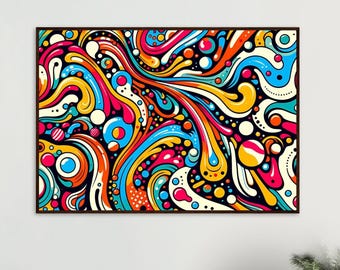 Psychodeliczna, abstrakcyjna ilustracja na plakacie wykonanym na papierze półmatowym, w drewnianej ramie - gotowym do powieszenia.