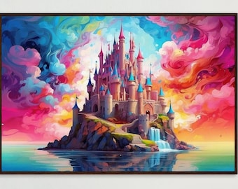 Kolorowy abstrakcyjny zamek marzeń na plakacie wykonanym na papierze półmatowym w drewnianej ramie - gotowy do powieszenia
